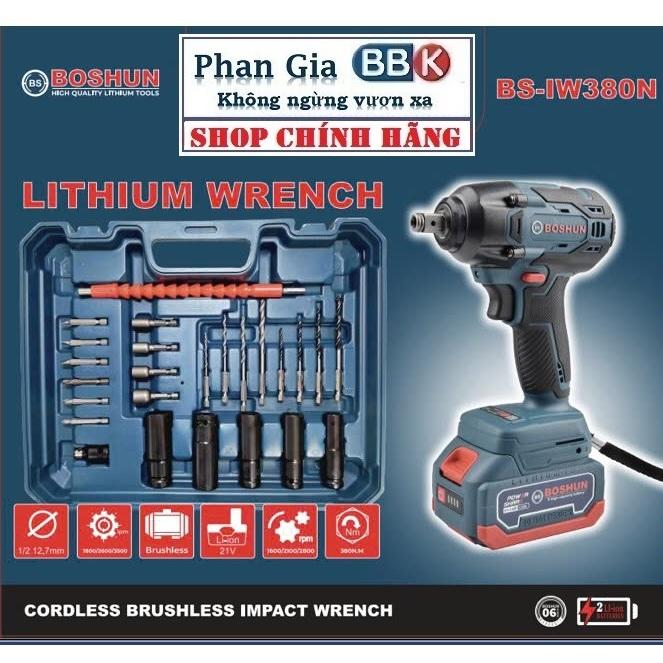 [chính hãƞg] Máy Siết Bulong Pin BOSHUN BS-IW380N, Lực siết 380Nm - Đầu 2in1 - Tặng 24 phụ kiện, Bảo hành 12 tháng