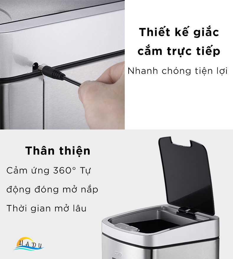 Thùng rác thông minh cao cấp cảm biến tự động đóng mở nắp 360 toàn bộ thân thùng chống ẩm chống bẩm bụi vân tay tốt HADU