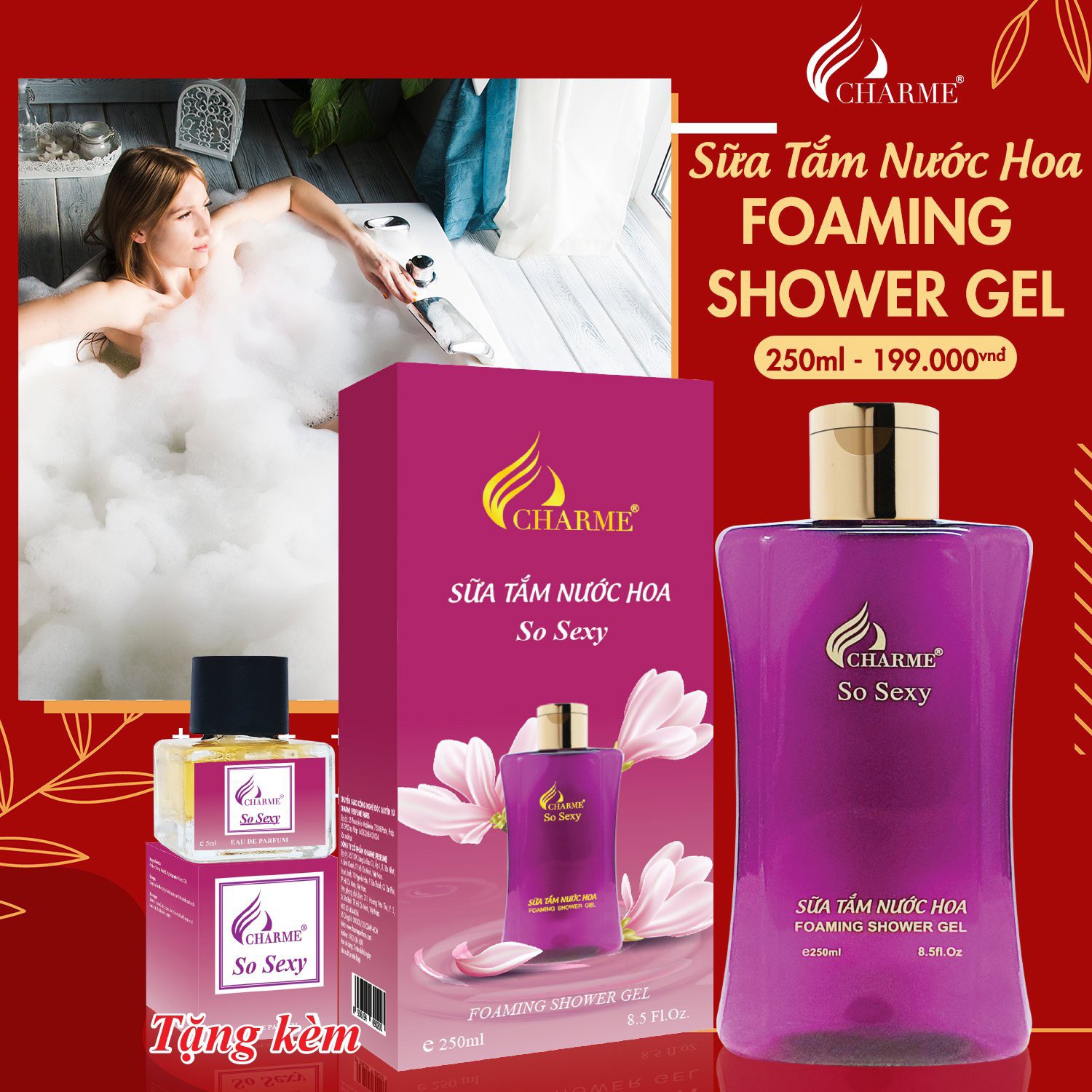 Sữa tắm nước hoa, Charme So Sexy, dòng sữa tắm trắng da, dưỡng ẩm toàn thân, dưỡng da trắng sáng, 250ml