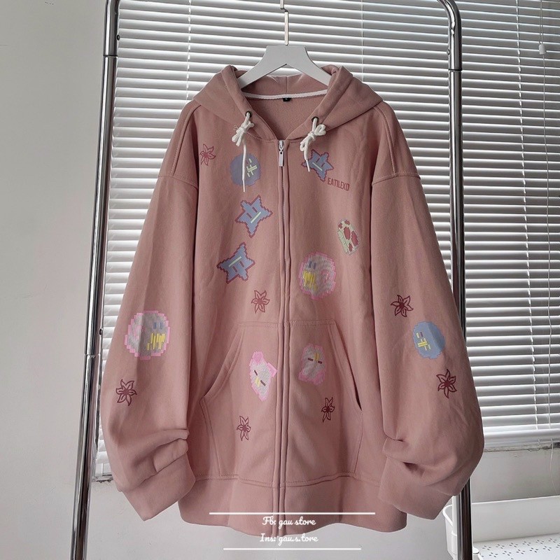 Áo khoác zip nỉ lót bông form rộng EATILEXD unisex màu hồng , áo khoác nỉ hoodie dây kéo in ngôi sao full áo, Áo Khoác nỉ EATILEXD , áo khoác nam nữ màu hồng