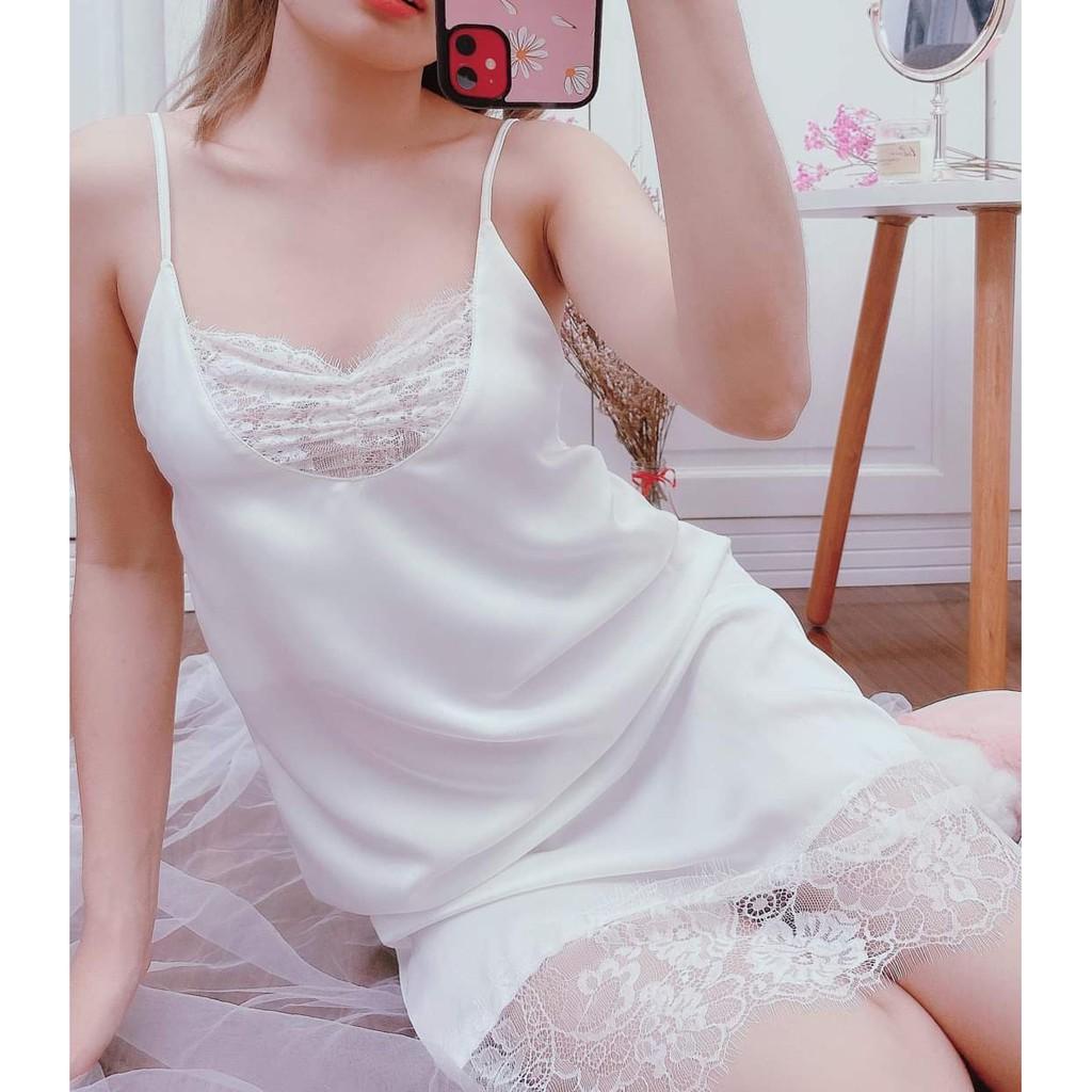 Váy ngủ lụa cao cấp phối ren mi bản to sang trọng ,sexy tặng kèm quần chip ren xinh xắn