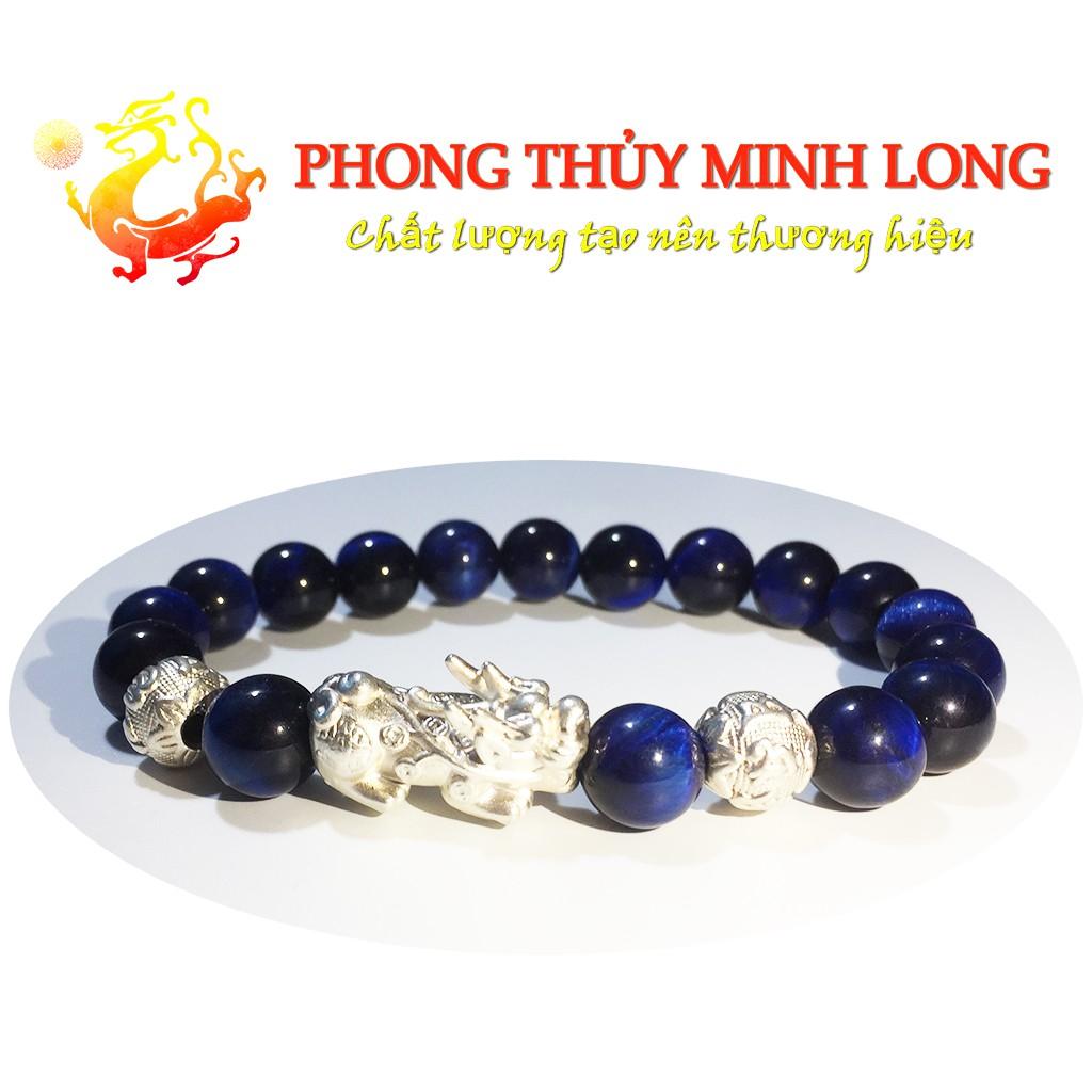 Vòng tay đá Mắt Hổ Xanh Dương 5A mix tỳ hưu và 2 hạt Bạc hợp mệnh Thủy và Mộc