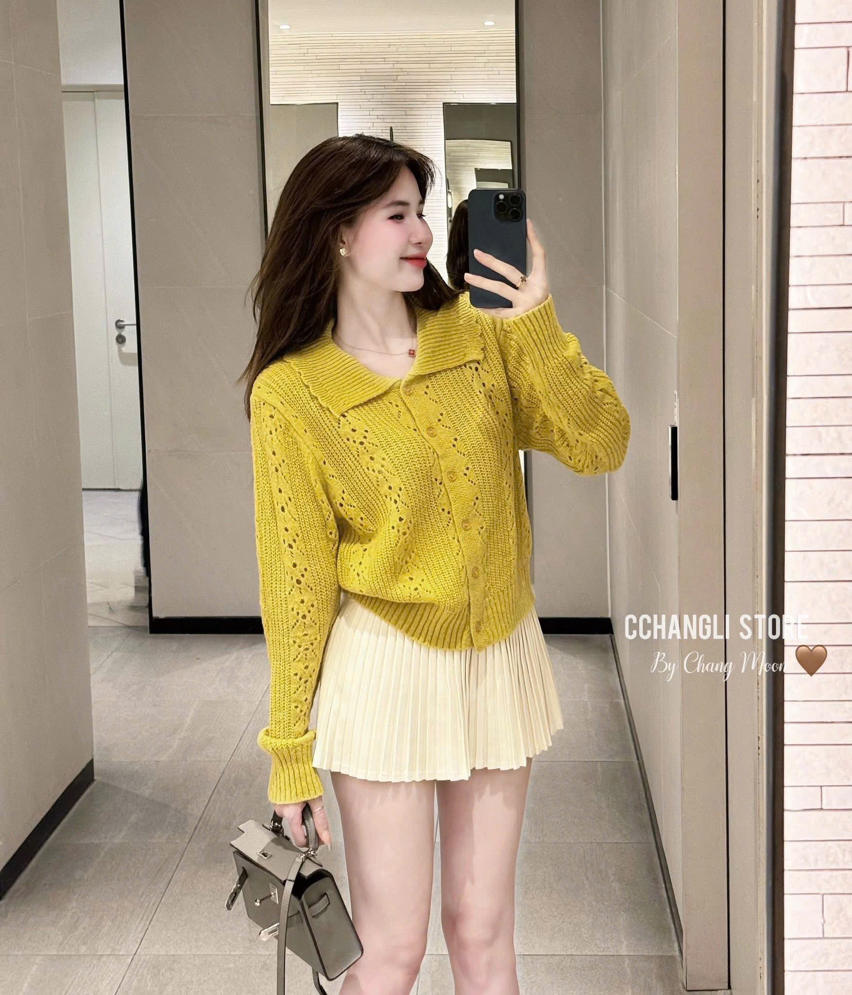 Áo Len Nữ Cổ Sóng Màu Vàng Form Ngắn Hack Dáng, Chất Len Mềm Mịn Hot Trend