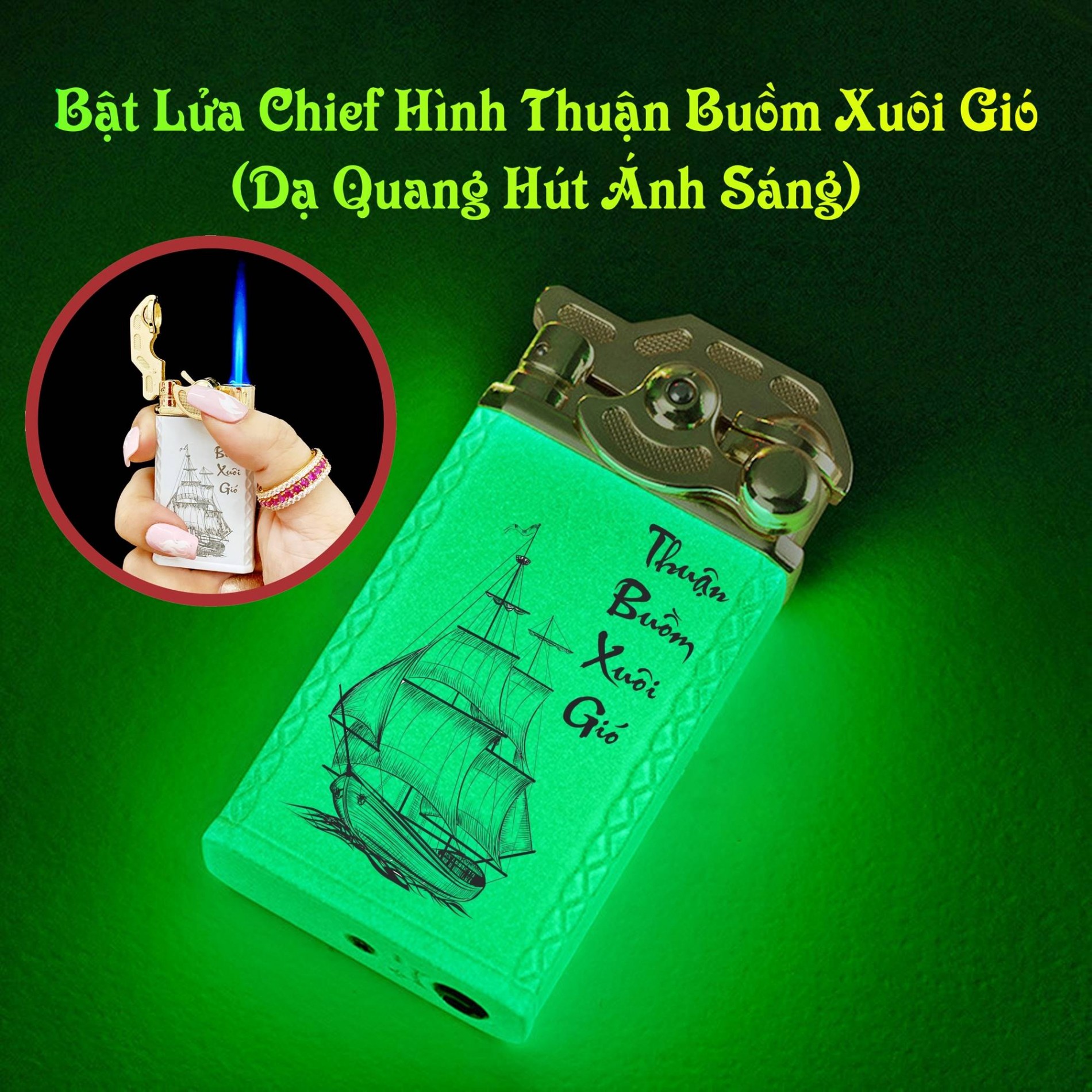 Hộp quẹt bật lửa khè Chief búng tay đánh lửa dạ quang hút ánh sáng hình thuận buồm xuôi gió - (xài gas)