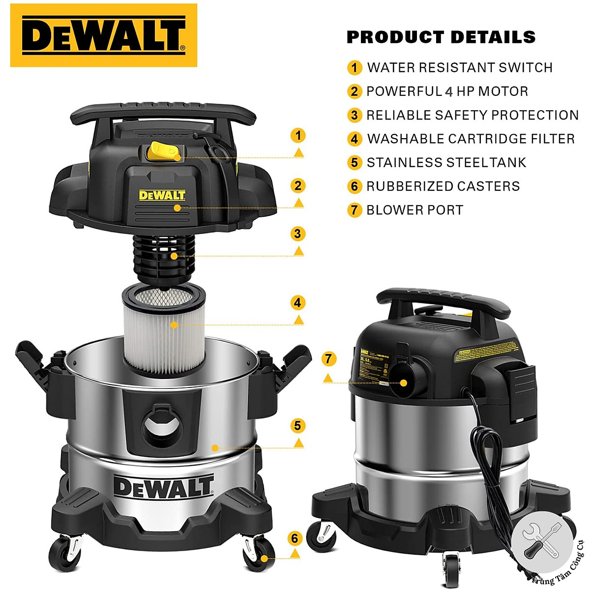 Máy hút bụi công nghiệp khô và ướt (3000W – 4HP) DeWALT DXV25S dung tích 25L - Hàng chính hãng