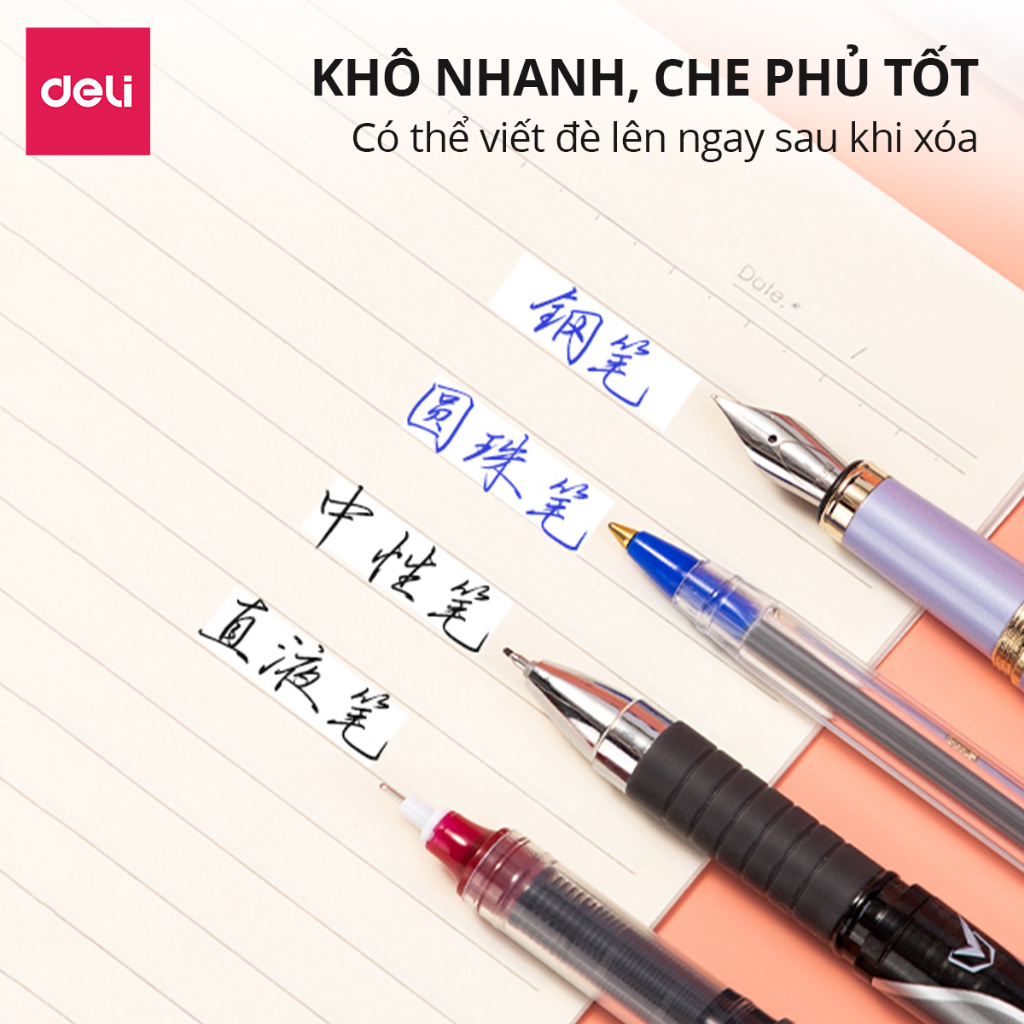 Bút Xóa Băng Có Nút Bấm 12m Có Thay Thế Lõi Deli - Xóa Sạch Phủ Kín Khô Nhanh Có Thể Viết Đè Lên Ngay - Băng Kéo Cho Học Sinh, Văn Phòng