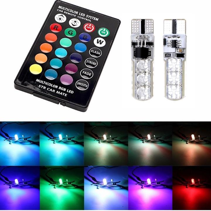 Bộ đèn LED RGB demi điều khiển màu + chế độ nháy, sáng chuẩn T10 12v 206669
