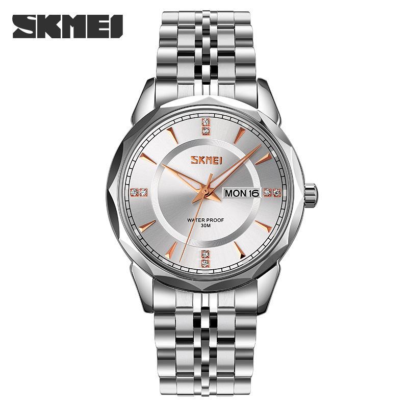 Phong Cách Mới Nhất Skmei Moment Beauty Thời Trang Dây Thép Không Gỉ Chắc Chắn Nam Lịch Kép Chống Nước Phong Cách Doanh Nhân Đồng Hồ Thạch Anh