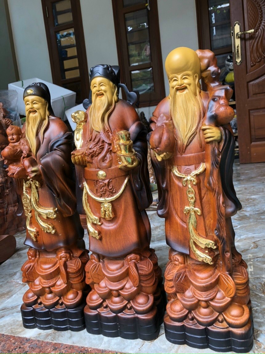 Bộ tượng phật tam đa phúc lộc thọ bằng gỗ hương đá tô làm mầu giả cổ kt 50×16×13cm