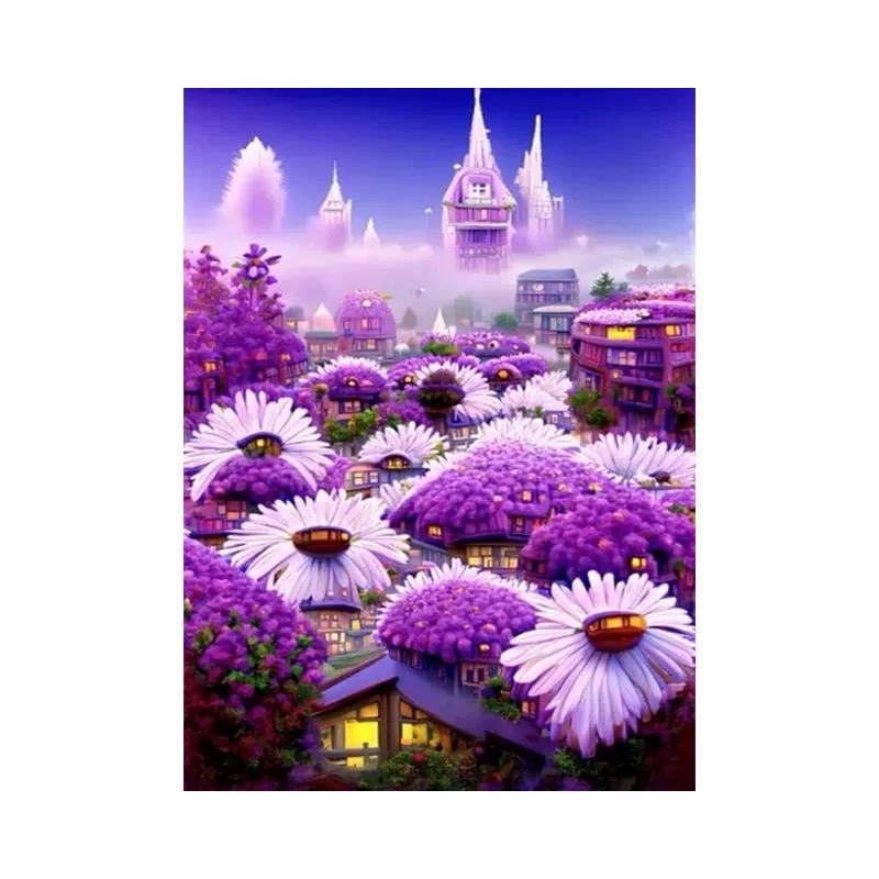 [Thêu 4 sợi] Tranh thêu kín lâu đài mây tím 8011, kích thước 60 x 90 cm