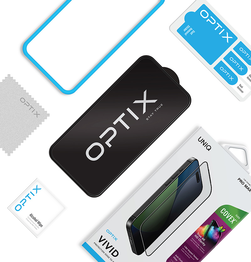 Kính Cường Lực Cho iPhone 17/ 17 Air/ 17 Pro/ 17 Pro Max UNIQ OPTIX COVEX VIVID Clear Trong Suốt Viền Đen Độ Dày 0.33mm Hàng Chính Hãng