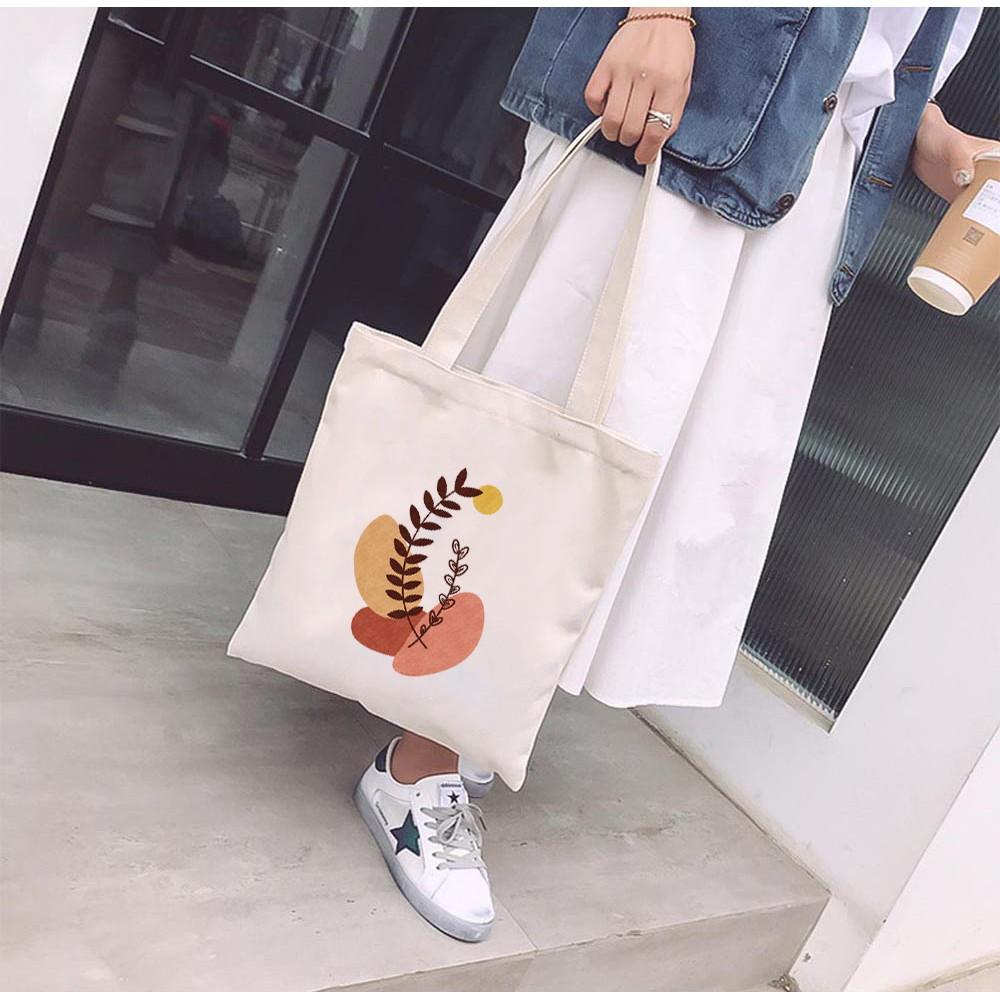 Túi Tote Vải Mộc Ginko kiểu basic có dây kéo khóa miệng túi đựng vừa laptop 14 inch và nhiều đồ dùng khác In Hình Minimalism Art M15