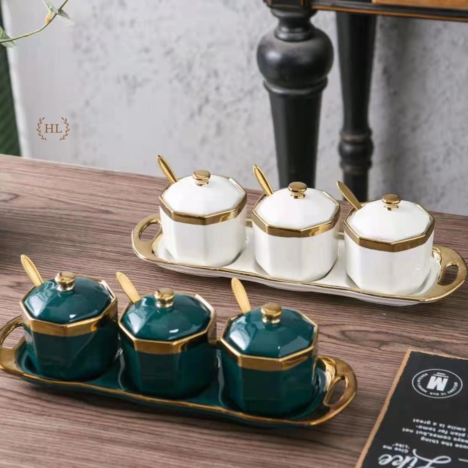 Set đựng gia vị hoàng gia chất liệu sứ tráng men viền vàng cao cấp