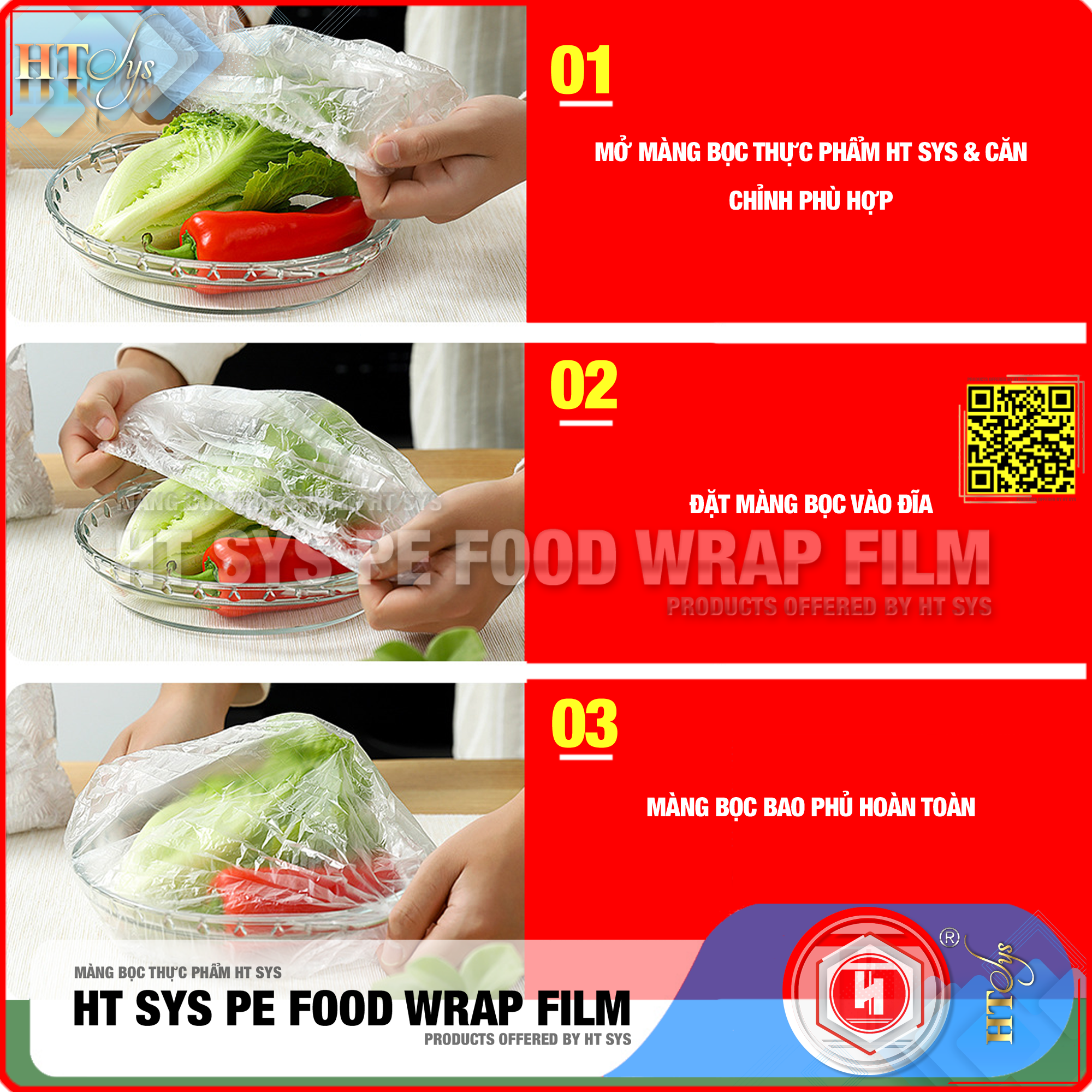 Sét 100 Màng Bọc Thực Phẩm PE Cao Cấp - HT SYS PE FOOD WRAP FILM - Túi Bọc Thực Phẩm Bo Chun Co Giãn  - An Toàn Vệ Sinh Thực Phẩm - [Tặng Kèm Túi Đựng và Móc Dán Đa Năng]