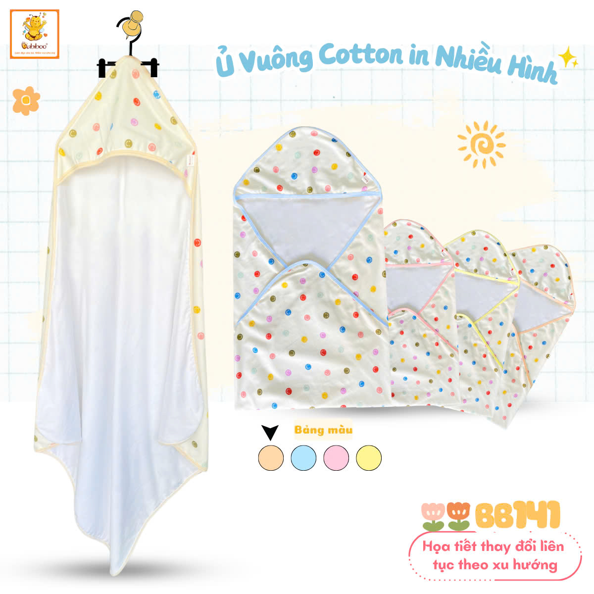 Khăn quấn em bé sơ sinh BABIBOO ủ vuông cho bé vải cotton lớp êm ái ( 80x80cm) BB141