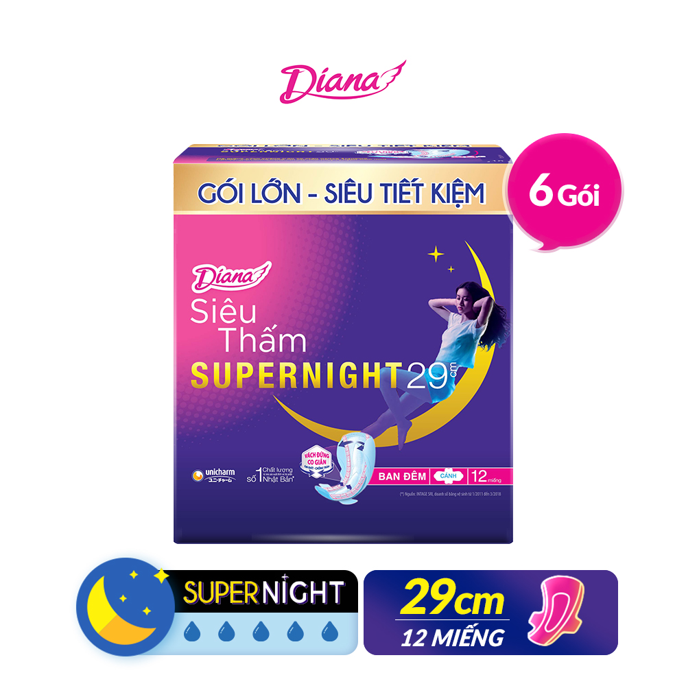 Combo 6 Băng Vệ Sinh Diana Super Night 29cm gói 12 miếng