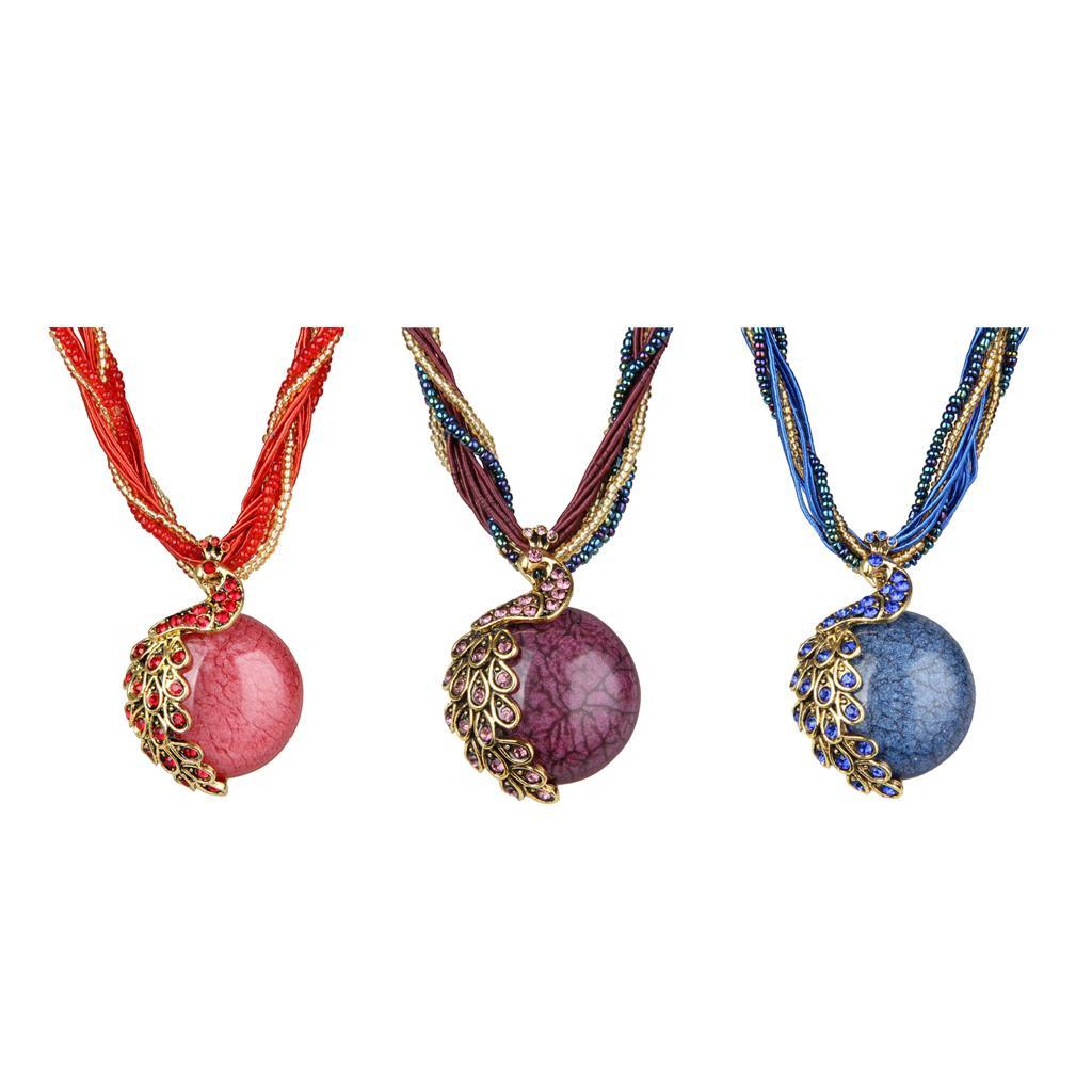 Bohemian Opal Necklace with Phoenix Peacock Pendant Jewel Accessory Red