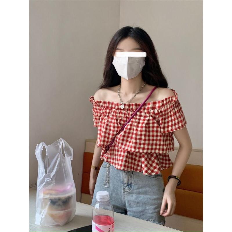 Áo Croptop Trễ Vai Hai Lớp Kẻ Caro Phong Cách Năng Động