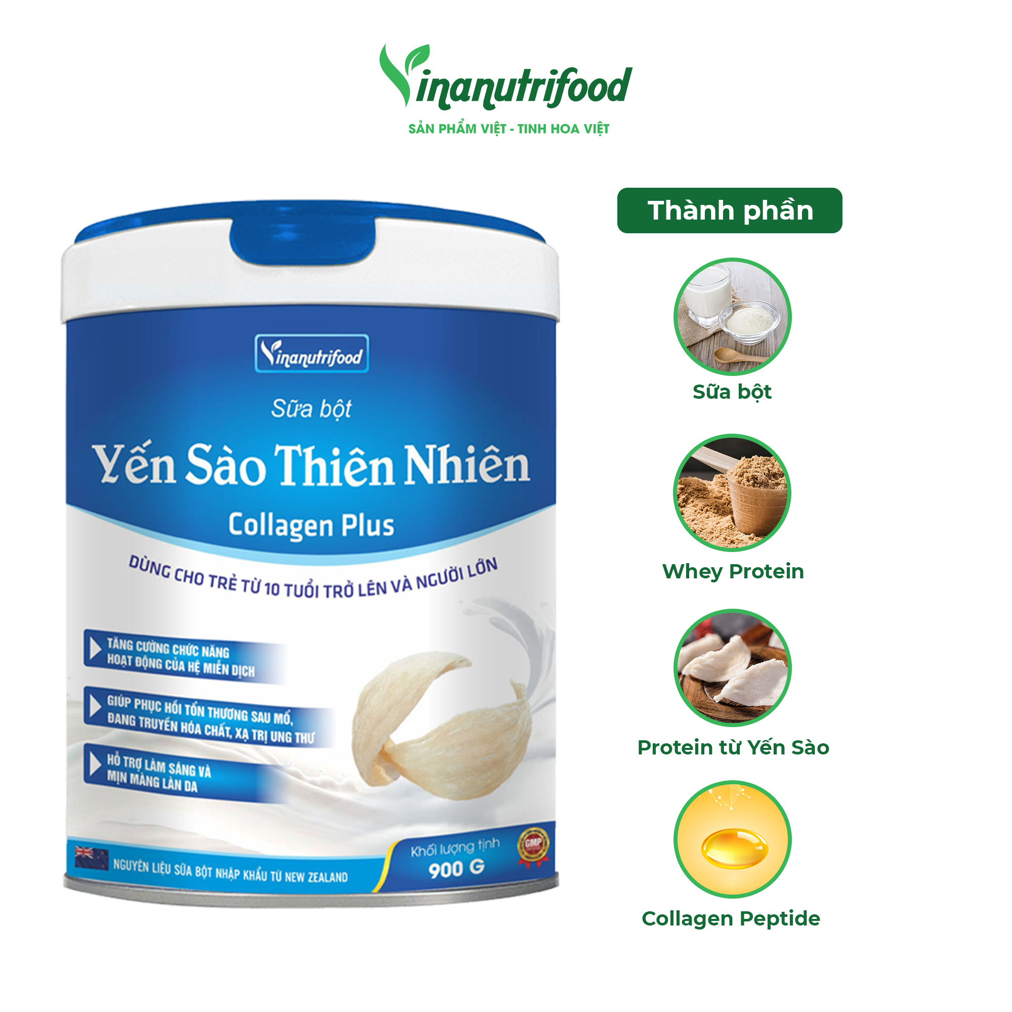 Sữa bột Yến Sào Thiên Nhiên Collagen Plus 900g Vinanutrifood, giúp nâng cao hệ thống miễn dịch, tăng sức đề kháng, bồi bổ cơ thể nhất là ở trẻ gầy yếu biếng ăn, giúp săn chắc làn da, chống lão hóa