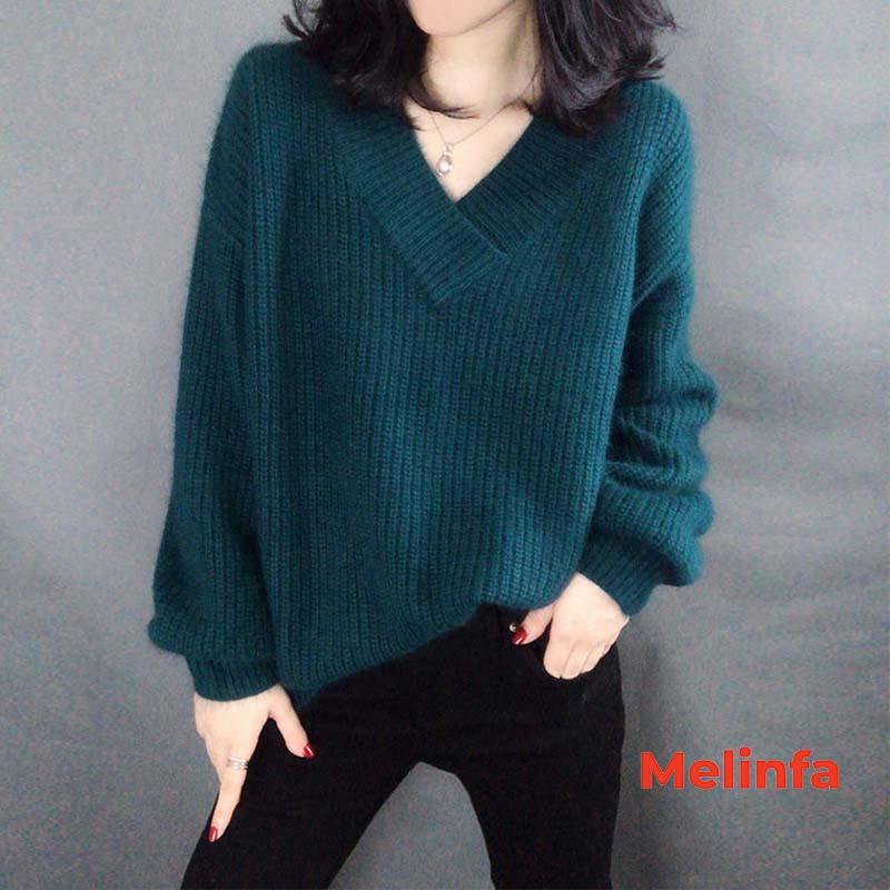 Áo len nữ cổ tim dài tay dáng thụng dày dặn mềm mịn co giãn thoải mái thời trang Hàn Quốc mùa thu đông mã A0206