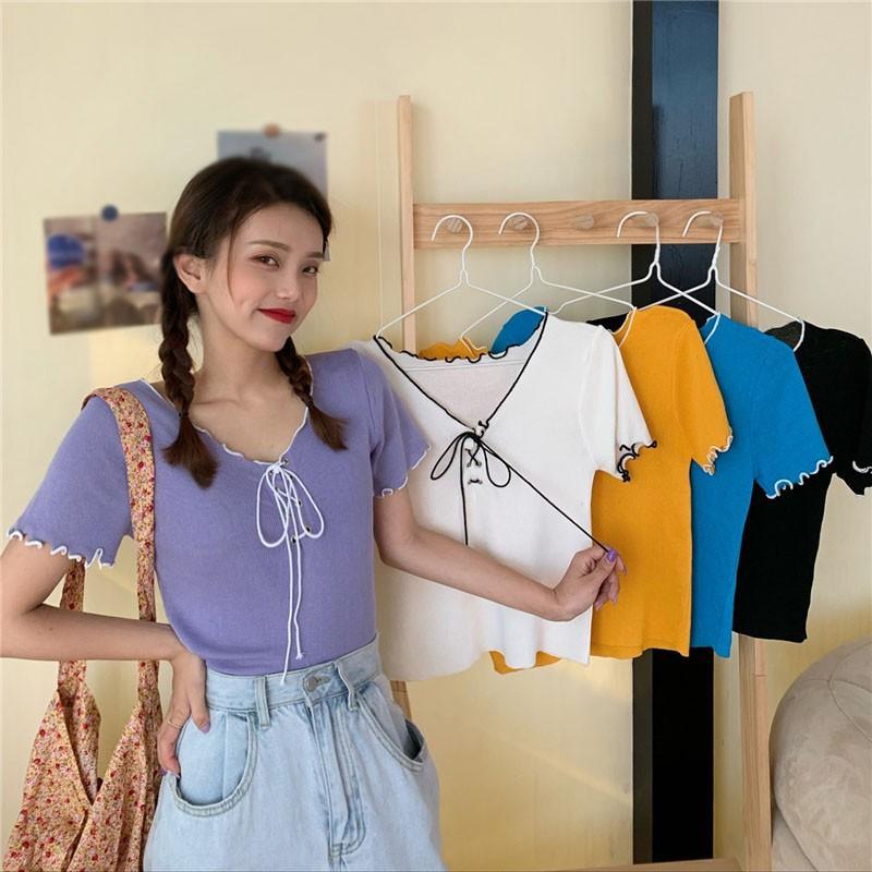 Áo Thun Tay Ngắn Dáng Rộng Phối Ren Thời Trang Mùa Hè Cho Nữ