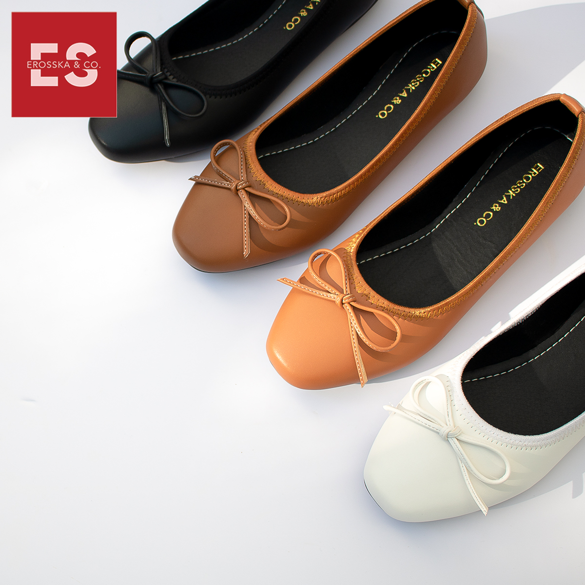 Giày búp bê thời trang Erosska kiểu dáng Hàn Quốc đế cao su da mềm đính nơ  EF006