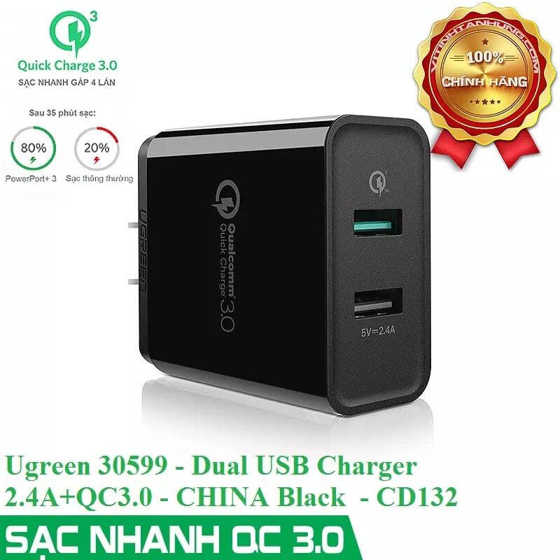 Ugreen UG30599CD132TK 30W màu Đen Củ sạc nhanh 2 cổng USB chuẩn QC 3.0 + 2.4A - HÀNG CHÍNH HÃNG