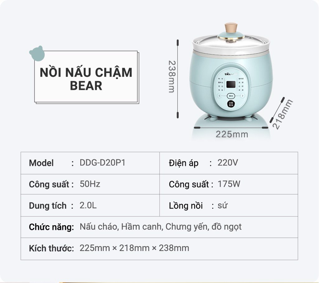 Nồi nấu chậm Bear DDG-D20P1 - Dung tích 2 lít - Lòng nồi gốm sứ - Hàng chính hãng