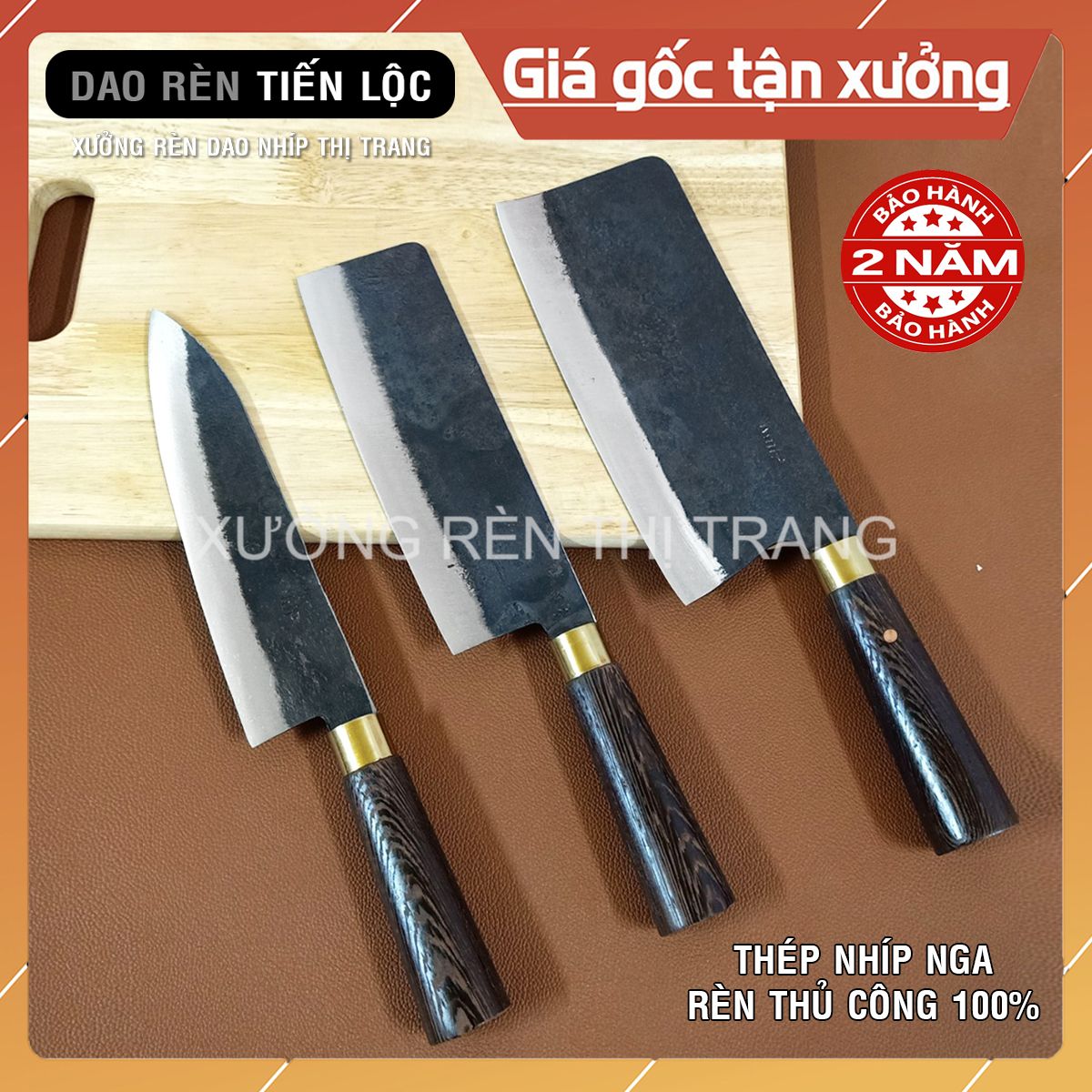 Bộ 3 Dao Nhà Bếp, Thép Nhíp Nga - Rèn Hoàn Toàn Thủ Công, Cán Gỗ Mun, Dao Chặt, Thái, Lọc