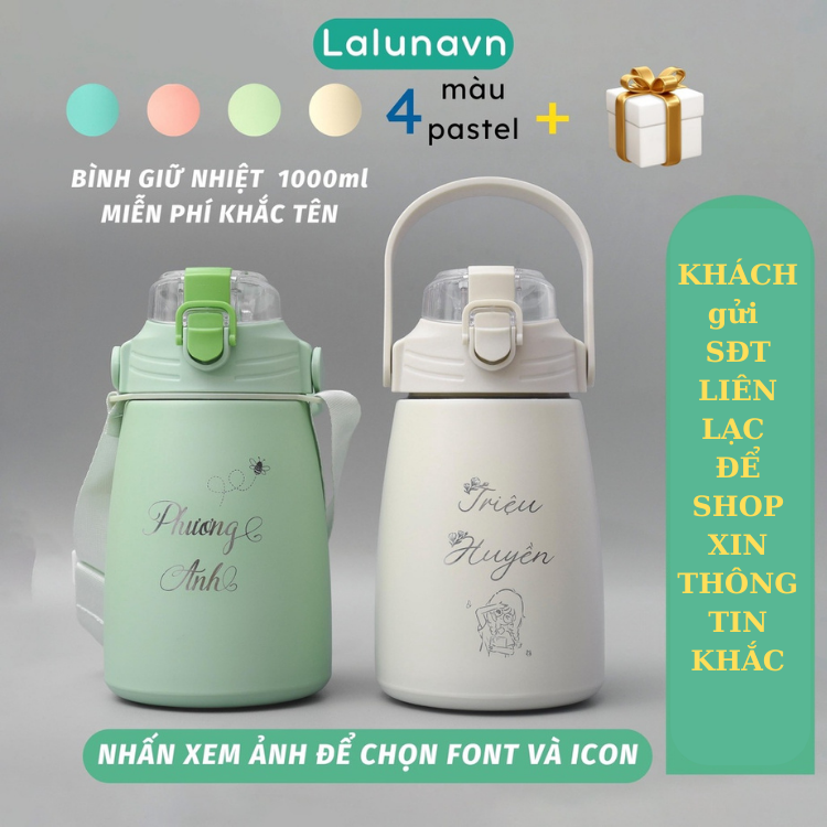 Bình giữ nhiệt Inox304 1000ml KHẮC TÊN bình nước 4 màu có ống hút giữ nhiệt 12h tặng Sticker trang trí-B115