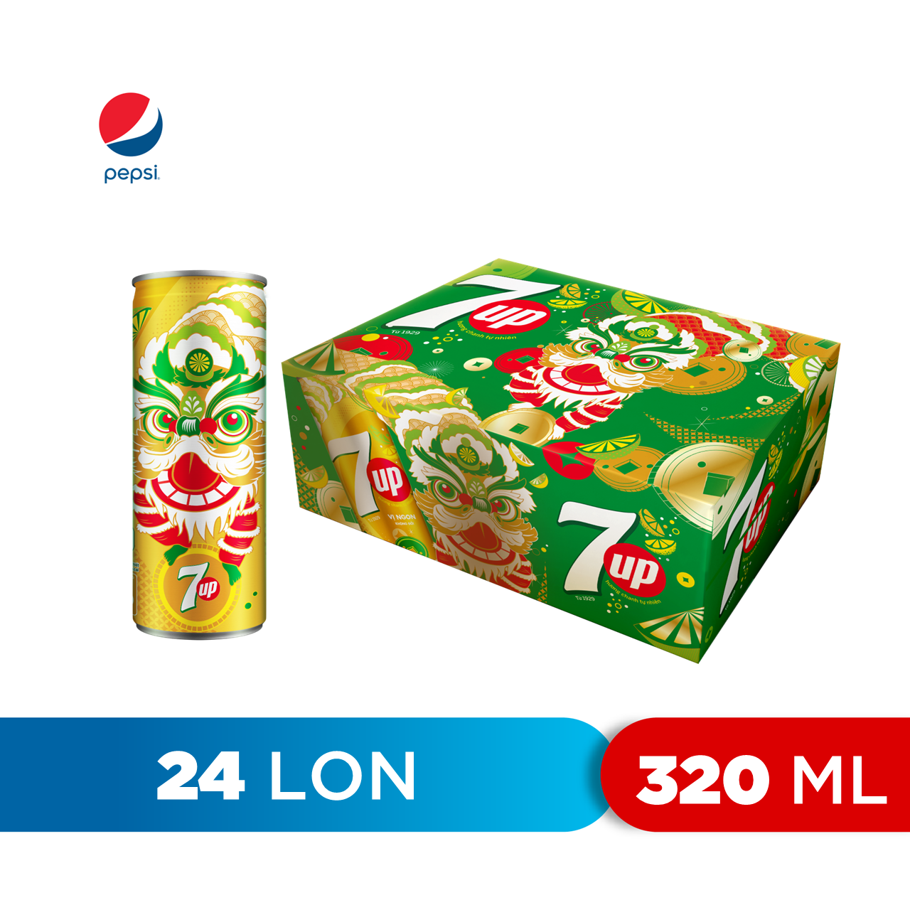 Thùng 24 Lon Nước Ngọt Có Gaz 7UP Lon Vàng (320ml/lon) - Phiên Bản Giới Hạn