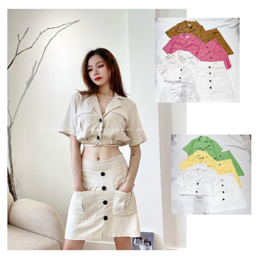 Set áo sơ mi croptop cổ vest cột dây chân váy chữ A chất linen thô phong cách Hàn Quốc 6 màu