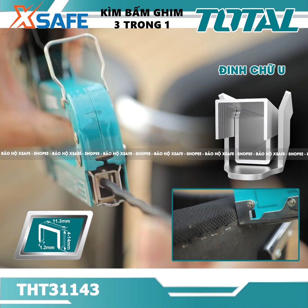 Kìm bấm đinh ghim đa năng 3 trong 1 TOTAL THT31143 Kềm bấm ghim điều chỉnh lực bắn kèm 600 mũi ghim U, đinh, chữ nhật