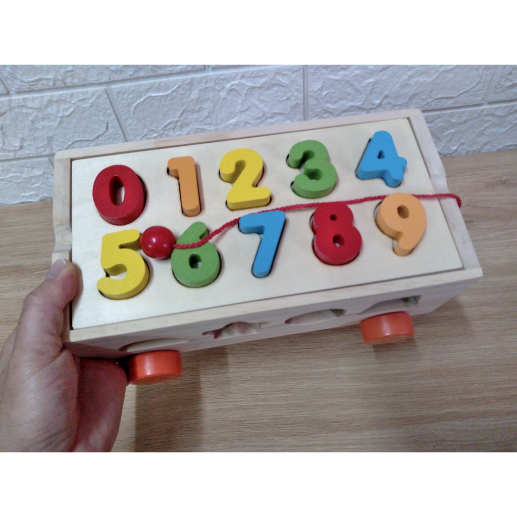 Đồ chơi gỗ Montessori - Xe kéo thả hình khối và số bằng gỗ giúp bé học hình khối, màu sắc và số đếm