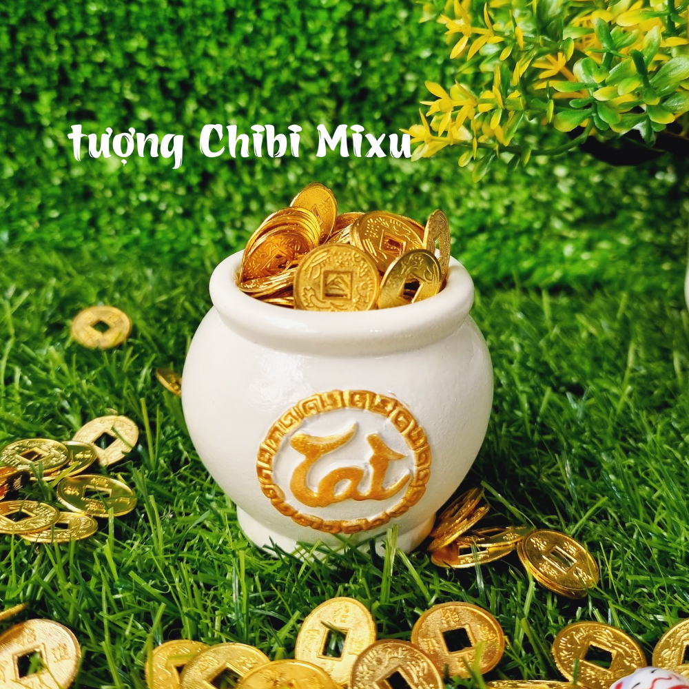 Chum vàng chữ TÀI / LỘC / PHÁT (gồm 1 chum trắng + 15 hạt gốm mèo + 100 xu vàng 13mm)