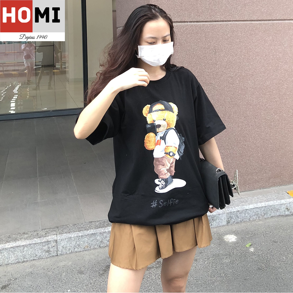 Áo thun 100% cotton 4 chiều co giãn form Unisex nam nữ in hình gấu selfie màu đen Homi Fashion