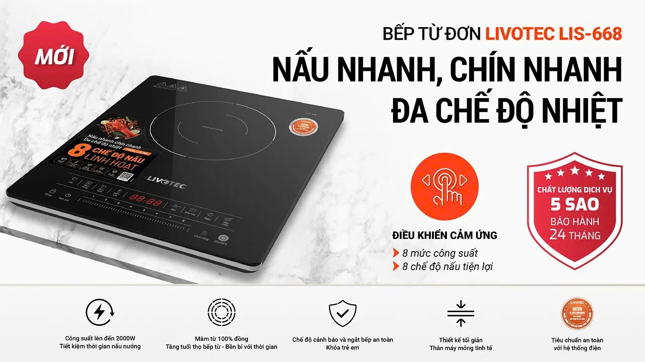 Bếp điện từ đơn Livotec LIS-668 2.000W 8 mức công suất - Miễn phí vận chuyển toàn quốc - Bảo hành 24 tháng - Hàng chính hãng