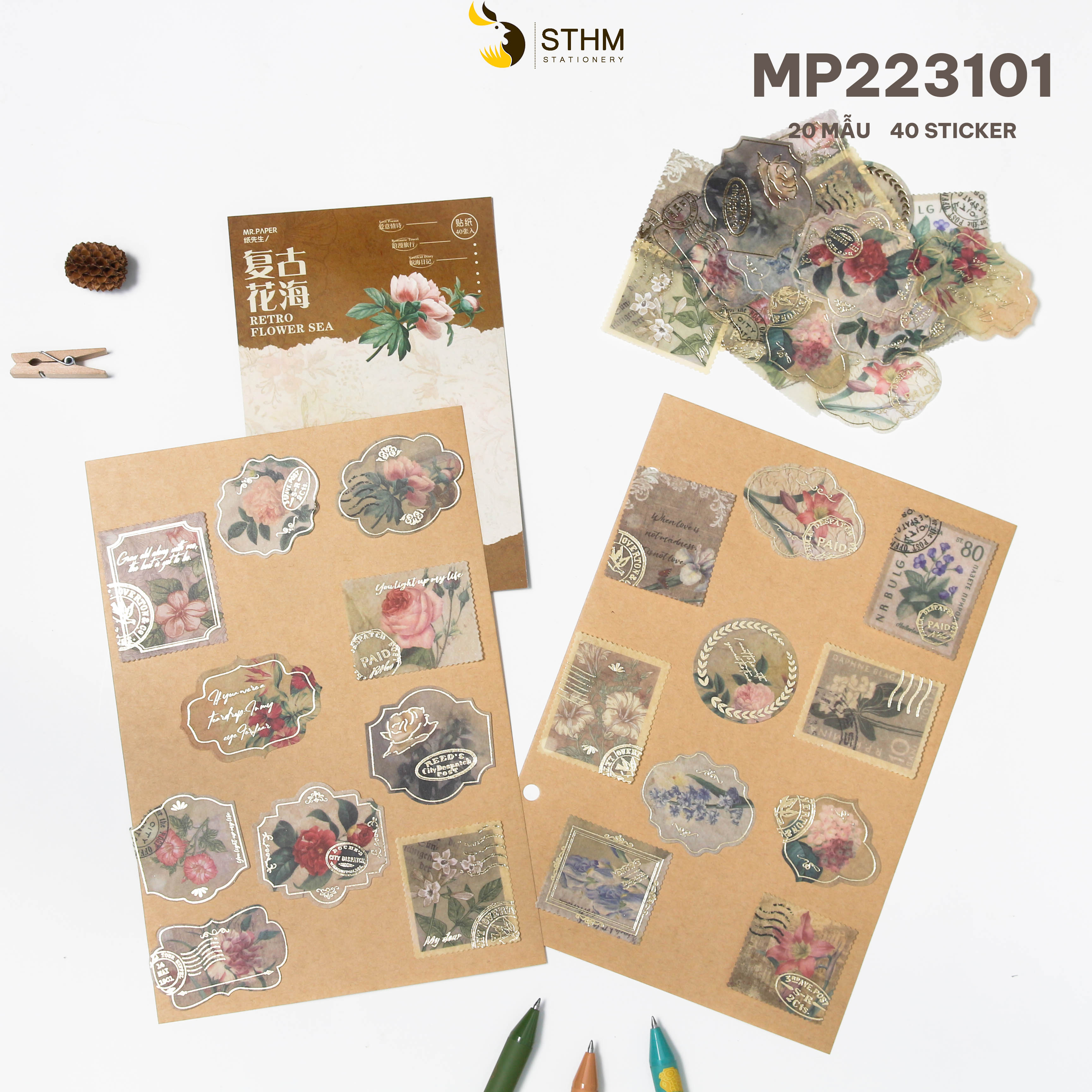 Sticker xấp 40 tờ - 20 mẫu có ánh kim - Phụ kiện trang trí sổ tay vintage - STHM stationery