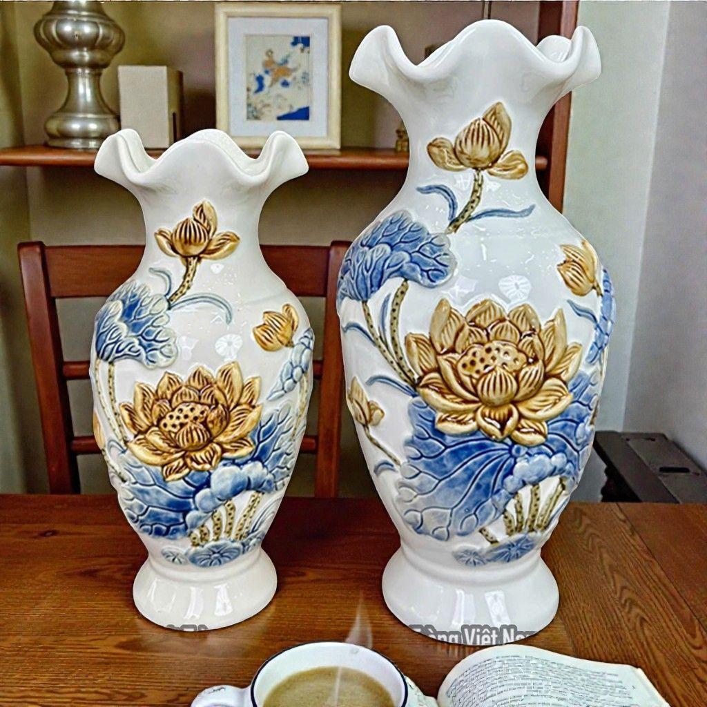 Lọ Lộc Bình Men Trắng Họa Tiết Hoa Sen RỒNG VIỆT - Bình Cắm Hoa Gốm đắp nổi Bát Tràng Thờ Cúng