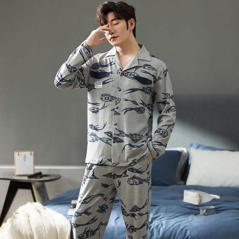 2228 - Bộ Pijama nam dài tay cao cấp màu ghi phối họa tiết hình con cá độc đáo, vải cotton 100% mềm thoáng, size L-3XL