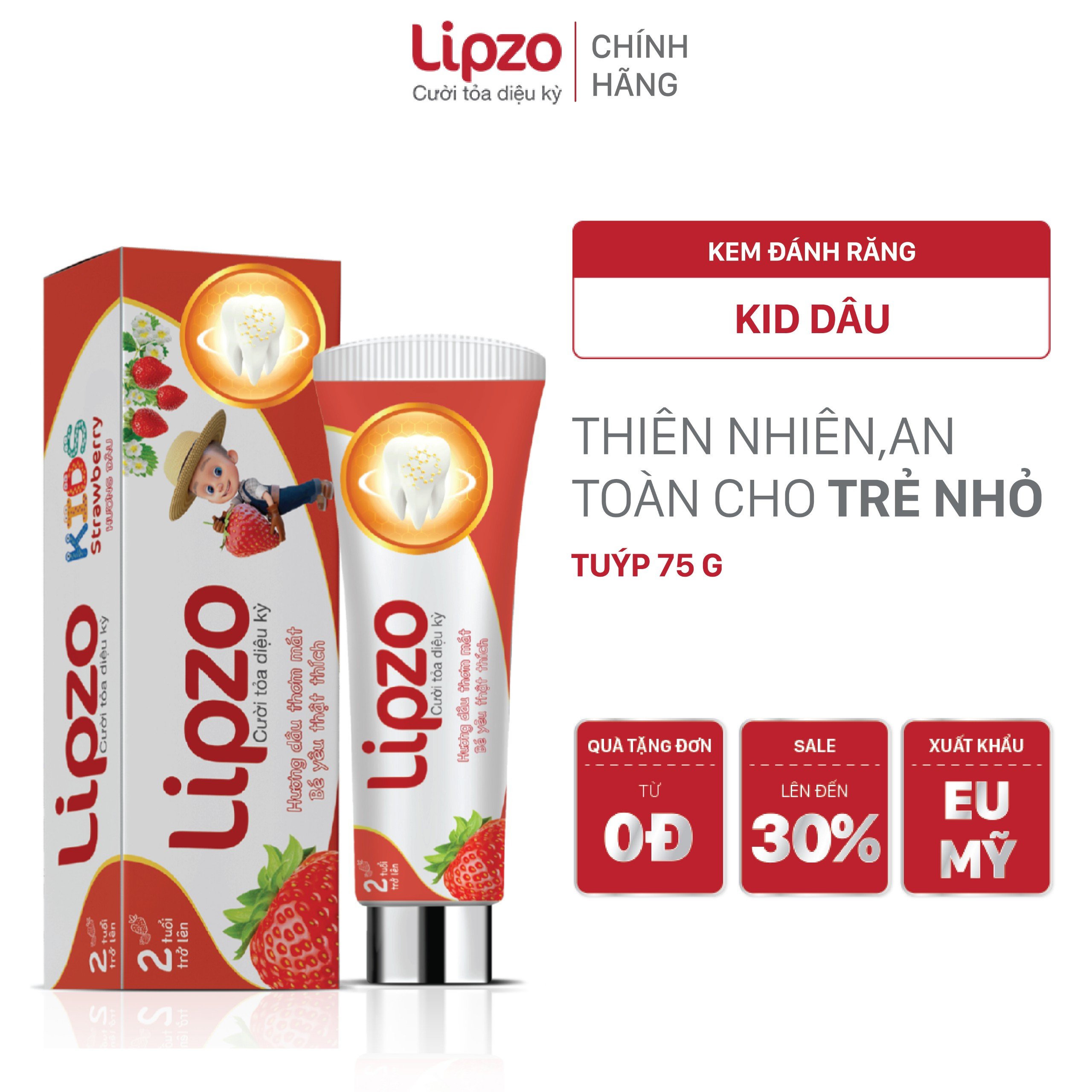 Kem Đánh Răng Trẻ Em Lipzo Vị Dâu Bảo Vệ Răng Sữa 75g Hữu Cơ Ngọt Thơm An Toàn Nuốt Được Dành Cho Trẻ Em Từ 2-10 Tuổi