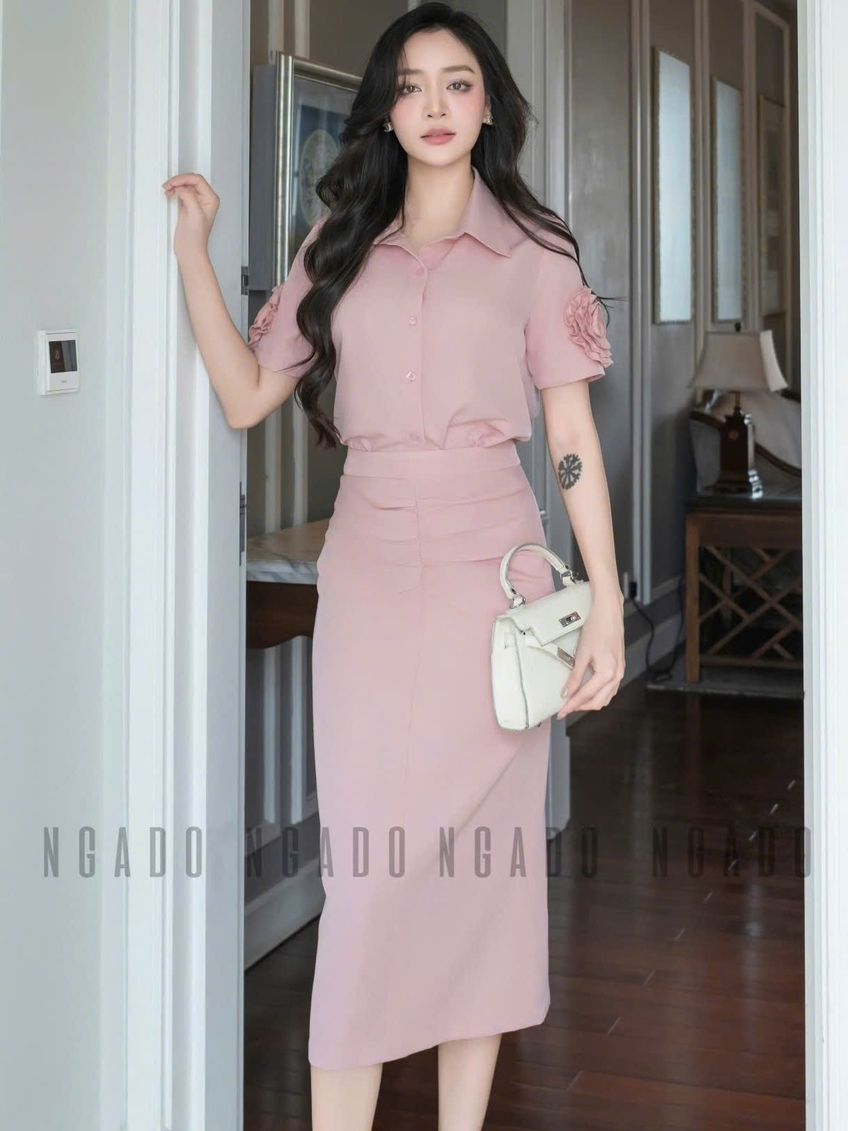 Set áo váy hồng tay hoa NGADO , set áo váy dài , set áo váy kiểu Nữ