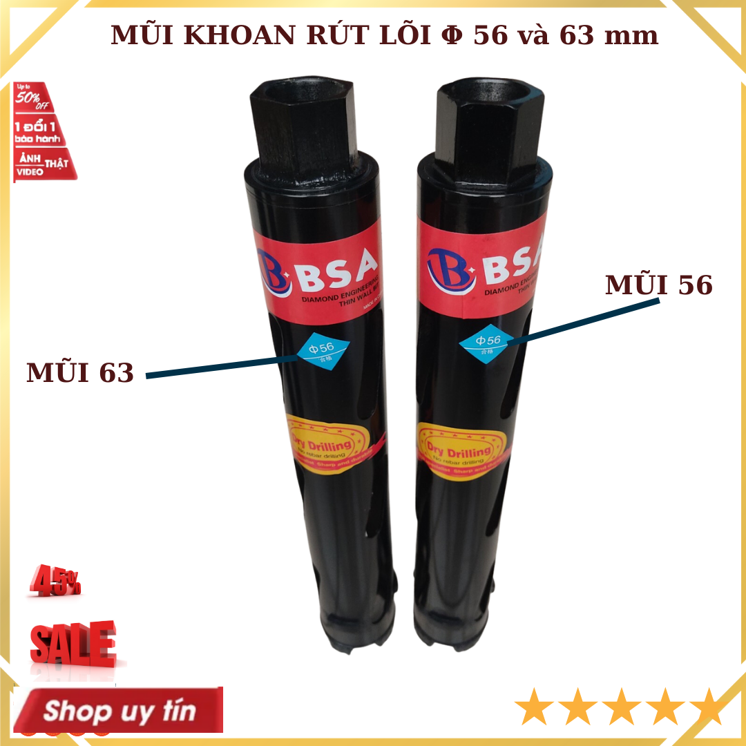 Mũi khoan rút lõi có gờ chống kẹt Φ 56 và 63 mm BSA lõi kim cương nhân tạo nhập khẩu cao cấp giá 1 chiếc