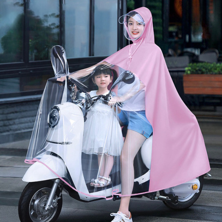 Áo Mưa Nửa Trước Trong Suốt Cho Mẹ Và Bé, Che Phủ Toàn Thân, Kèm Kính Chắn Mưa Loại 1 Đầu - Giao Màu Ngẫu Nhiên