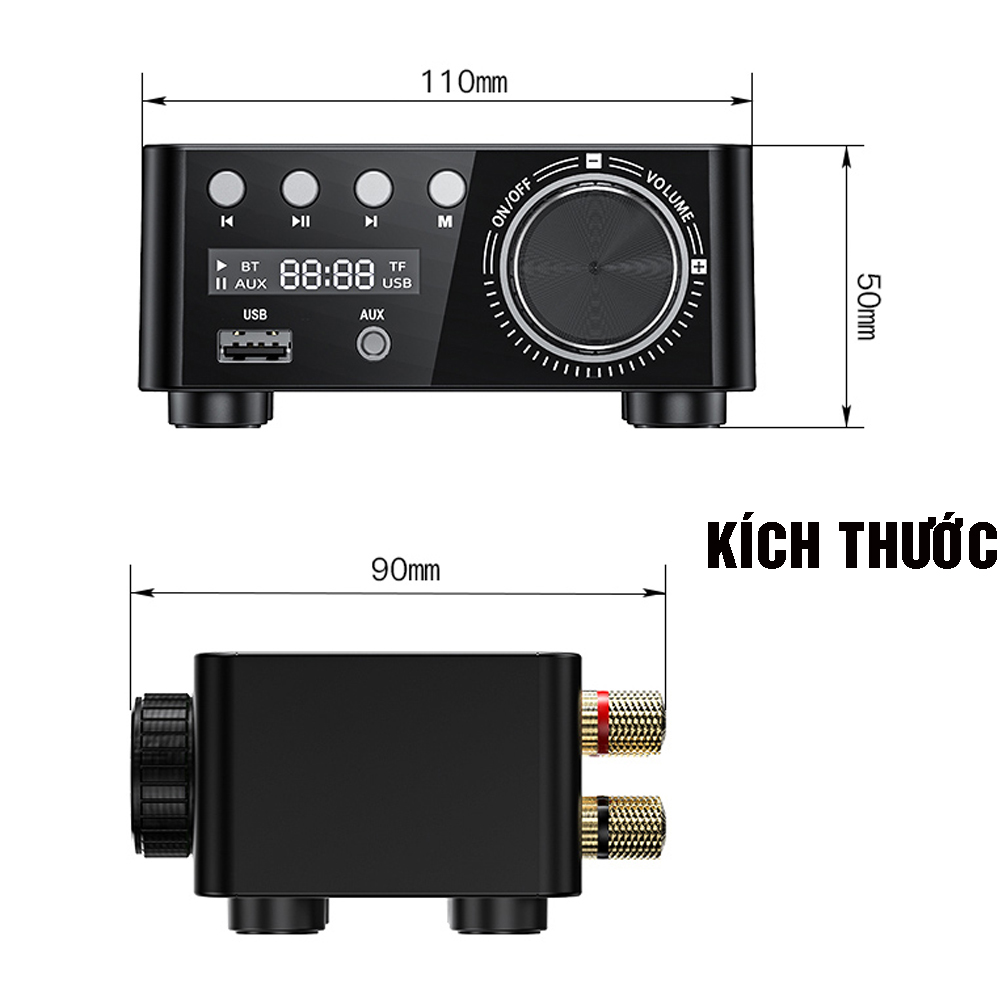 Amply Hifi Mini Bluetooth 5.0, tích hợp khe cắm thẻ nhớ, USB, AUX 3.5mm hỗ trợ đầy đủ định dạng âm thanh, kèm adapter củ sạc, dây loa MIHOCO BT5.0-Hàng chính hãng