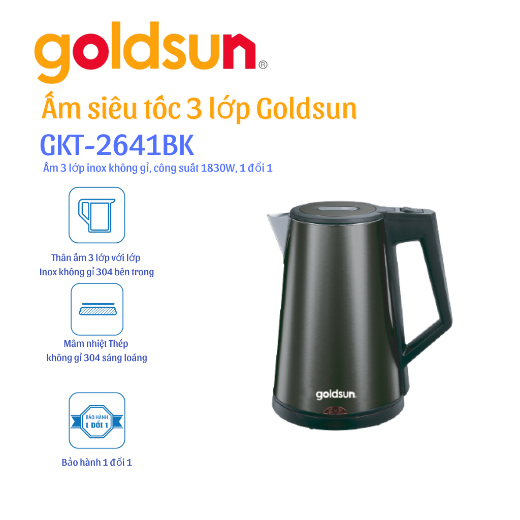 Ấm Đun Siêu Tốc Goldsun 3 Lớp GKT2641BK – Hàng Chính Hãng