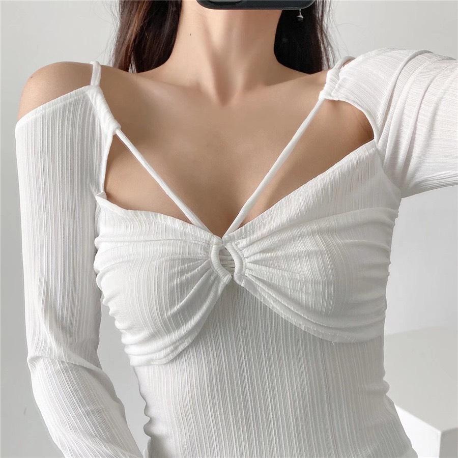 Áo croptop nữ dài tay HAGA áo khoét ngực luồn dây ALDN60