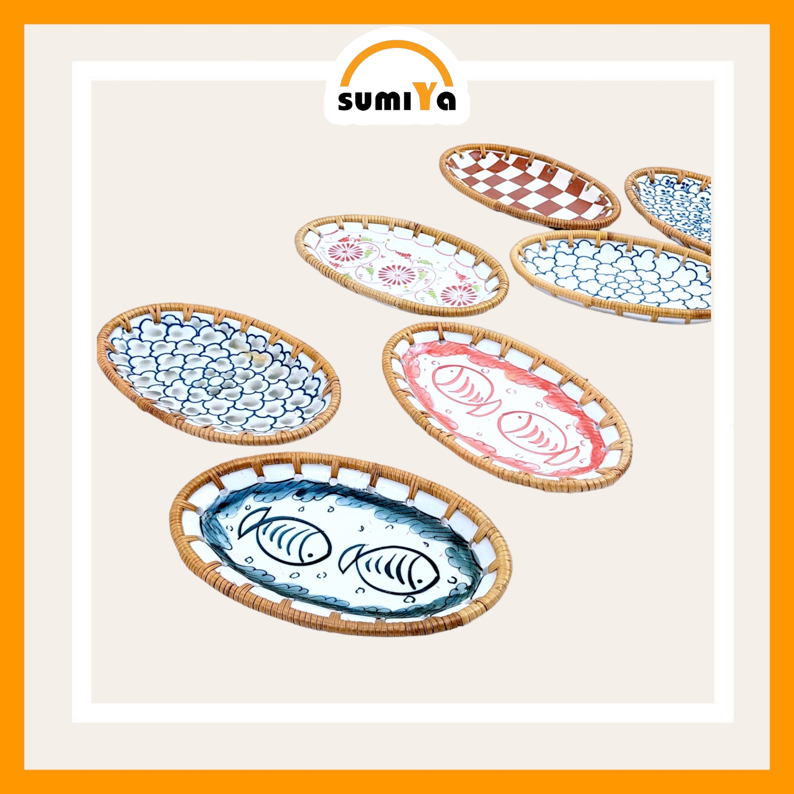 Đĩa mây xiên khảm sứ oval, đĩa mây tự nhiên đựng trái cây, bánh kẹo, trang trí