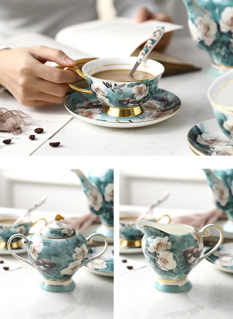 Bộ ấm và tách pha trà men sứ xương cao cấp họa tiết Chim xanh ngọc sang trọng đẳng cấp phong cách Châu Âu