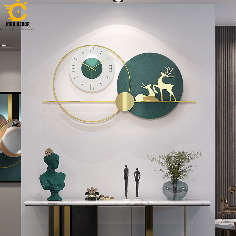 Đồng hồ treo tường kim trôi hươu xanh 2177 decor phòng khách sang trọng